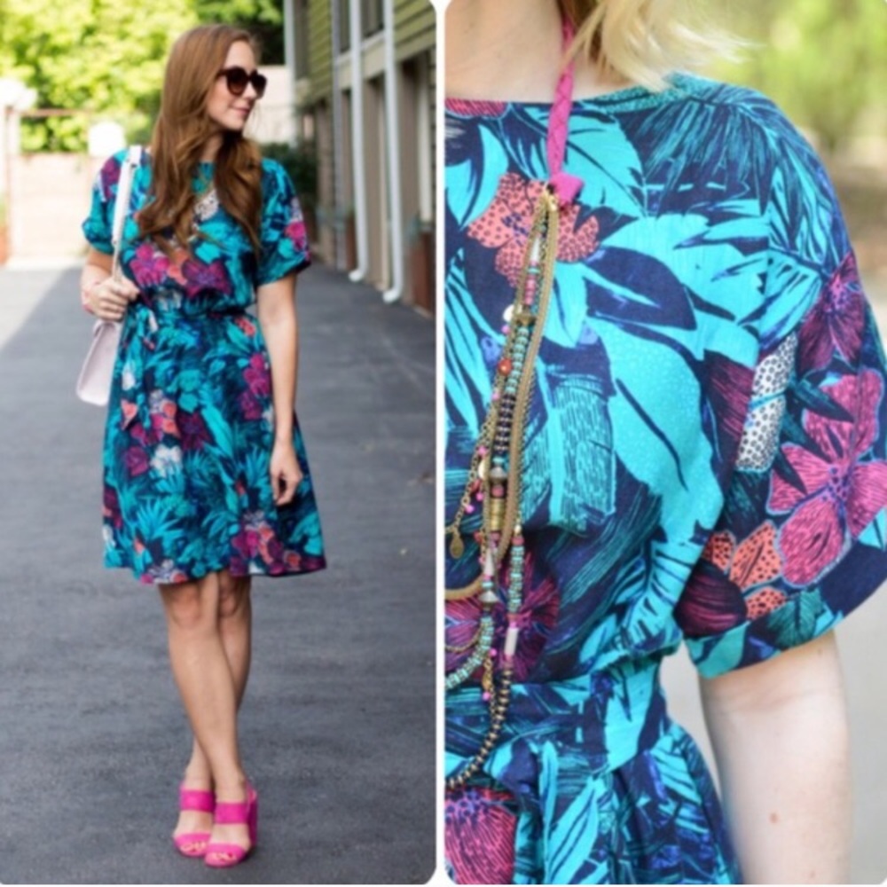 Loft Tropical Linen Floral Shift Midi Dress